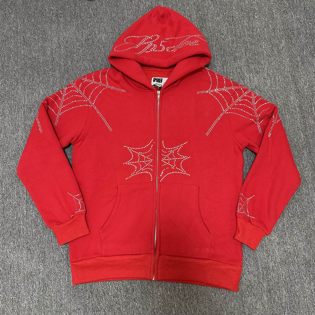 Sp5der Rhinestone Spiderweb Zip Hoodie & Pants Matching Set