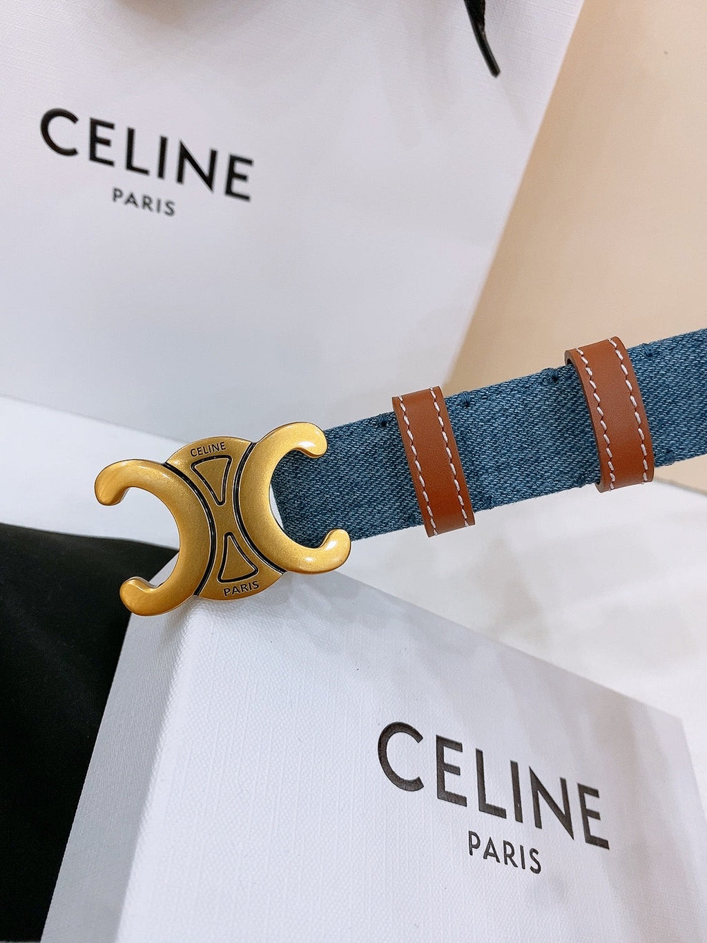 CELINE 25S BELT TRIOMPHE TAURILLON 25MM IN BROWN CALFSKIN AND DENIM 558355