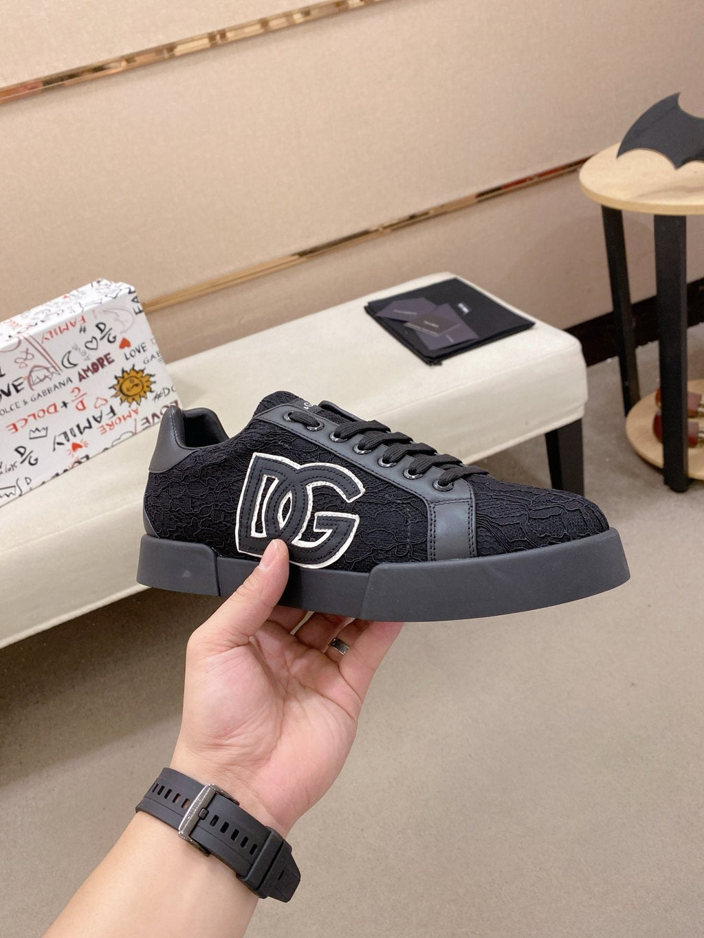 Dolce & Gabbana Men's Black Logo Low-Top Sneakers - Dark Rubber Sole