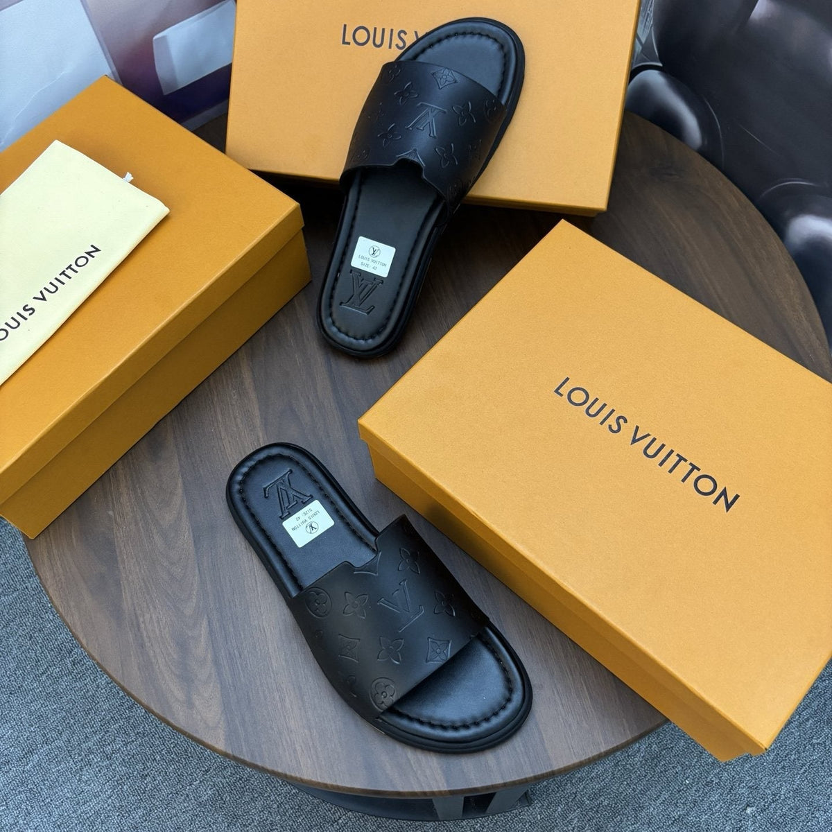 Louis Vuitton Black Embossed Slide Sandals